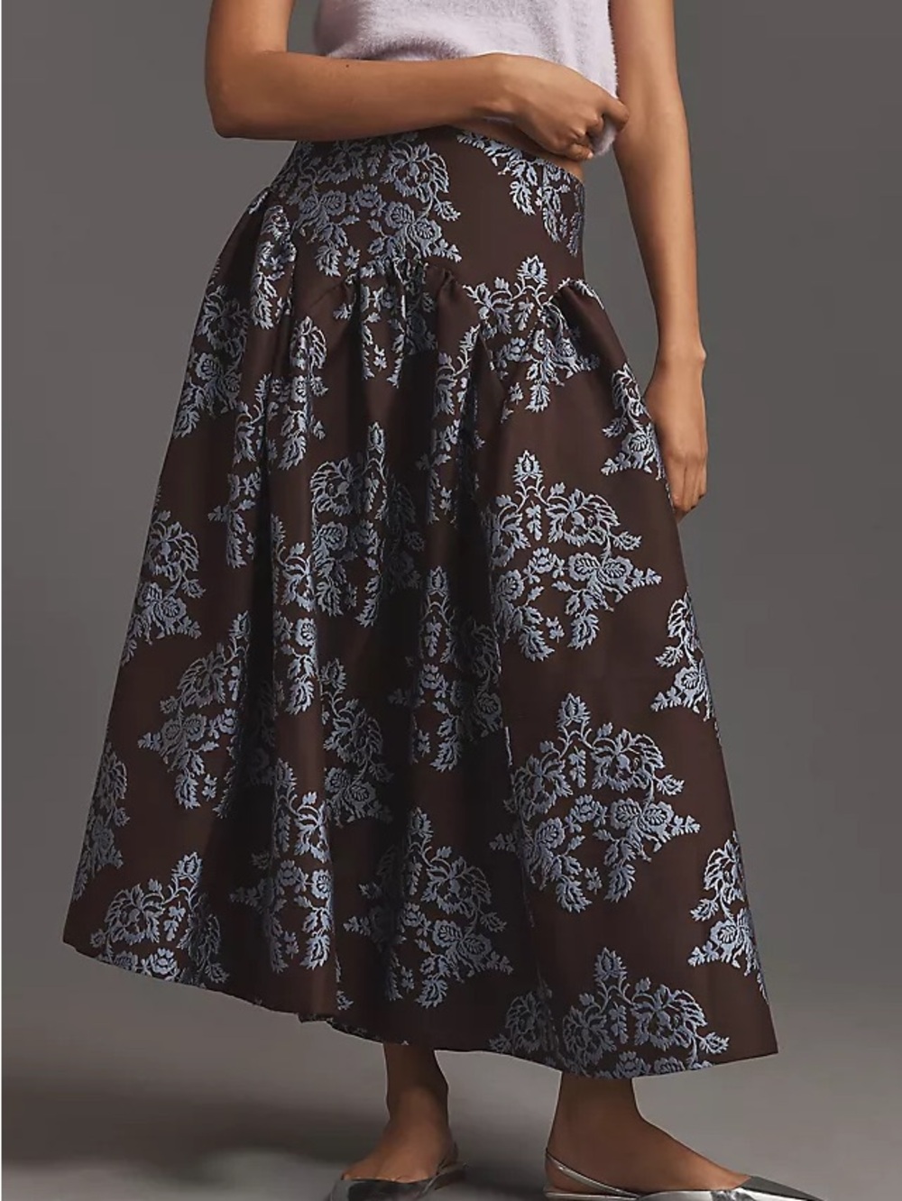 Anthropologie Brocade Brown midi Skirt with Light Blue Floral Jacquard
